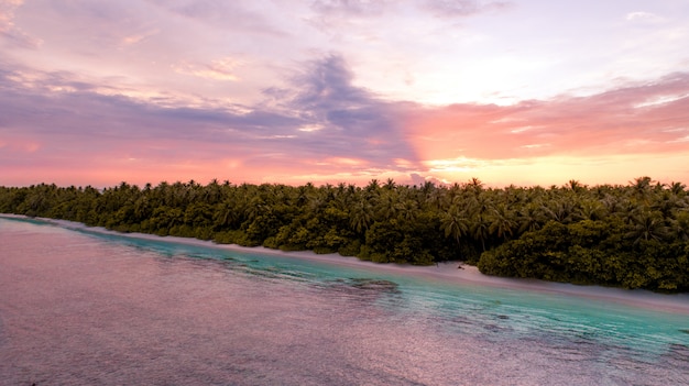 Aerial wide shot of a beach with trees next to the sea in Maldives during sunset