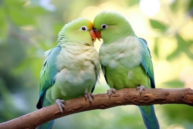 Affectionate birds sitting together on a branch