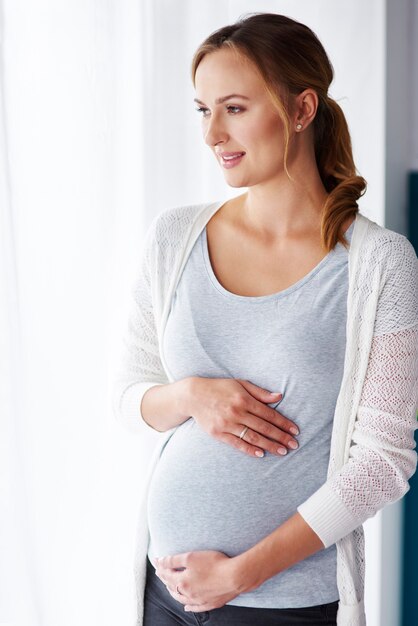 Affectionate pregnant woman looking through window