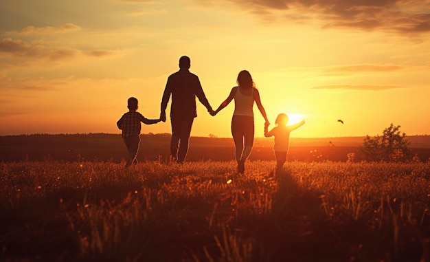 Приветственные отношения семьи на поле во время захода солнца