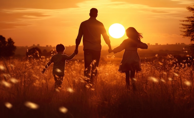 Бесплатное фото Приветственные отношения семьи на поле во время захода солнца