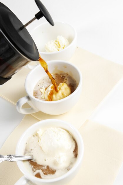 Affogato coffee with ice cream on a cup