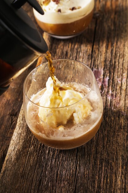 Affogato coffee with ice cream on a cup