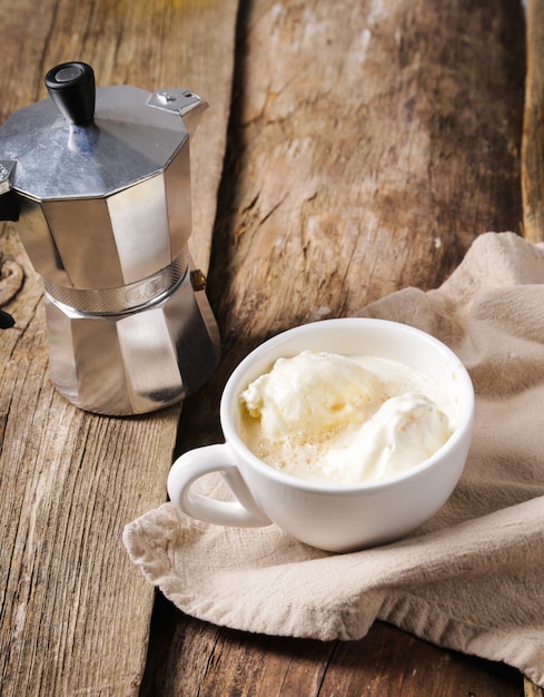 Affogato coffee with ice cream on a cup