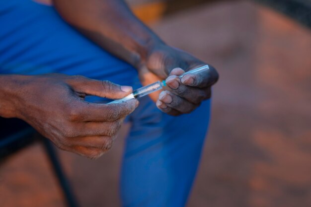 Africa humanitarian aid doctor getting ready for work