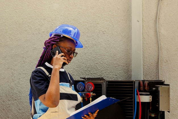 African american apprentice informing master technician over the phone about air conditioner parts needing to be replaced. Mechanic checking maintenance plan after finishing air filters cleaning