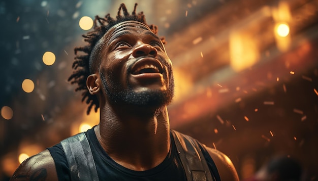 Афроамериканский спортсмен улыбается на открытом воздухе, празднуя успех под городскими огнями, генерируемыми искусственным интеллектом.