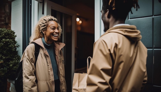 Free photo african american couple bonding enjoying city winter shopping generated by ai