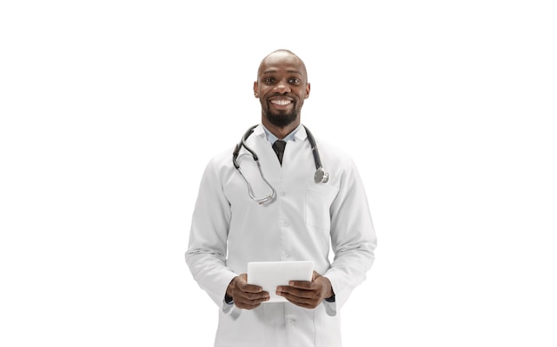 African-american doctor isolated on white background, professional occupation