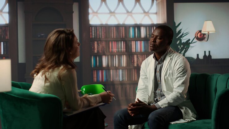 Free Photo african american doctor surgeon sharing his ptsd issues with psychiatrist