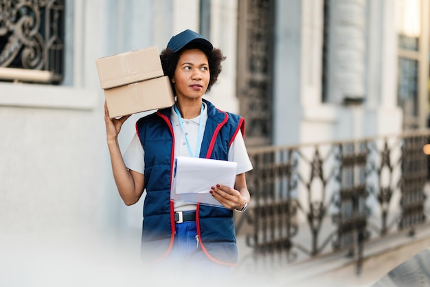 African American female courier standing on the street with packages and clipboard while making delivery in the city