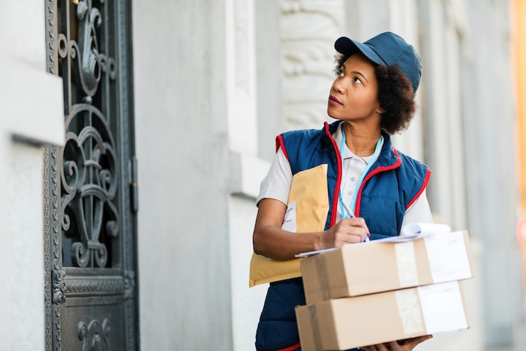 Free Photo african american female deliverer writing notes while dispatching packages in the city