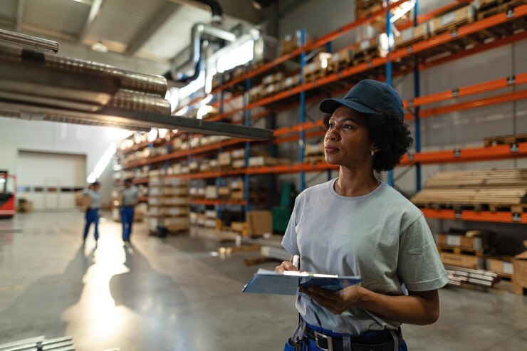 Free Photo african american female worker taking notes while inspecting steel products in a warehouse