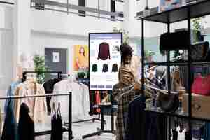 Free photo african american man looks at clothes online on touch screen monitor in fashion boutique at mall, self service board. male customer looking for trendy clothes and items on retail kiosk display.