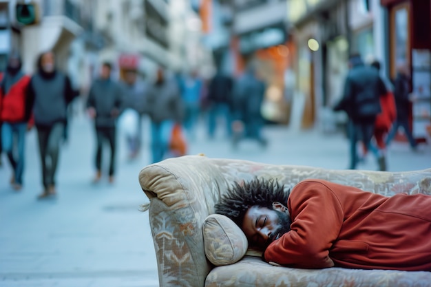 Foto gratuita uomo afroamericano che dorme su un divano in strada