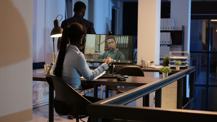 Free Photo african american people meeting on online videoconference with webcam, talking on remote videocall conference. using internet teleconference call to have network conversation in office.