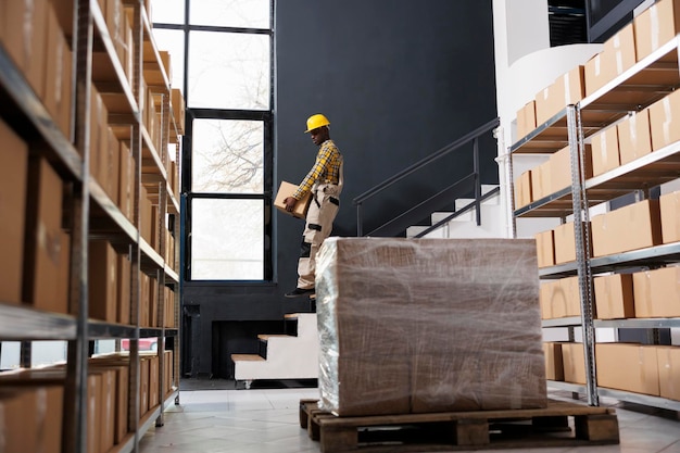 Free photo african american shipping company loader carrying heavy parcel downstairs