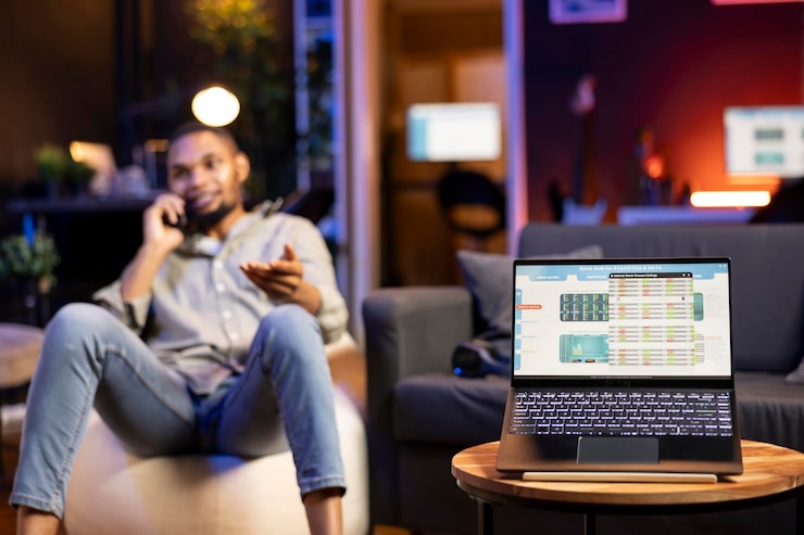 Free Photo african american trader works from home using laptop to study stock prices