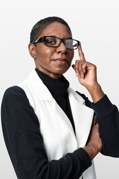 African American woman in beige suit portrait