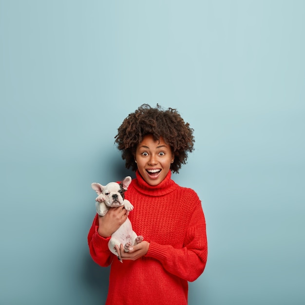 Афро-американская женщина в красном свитере держит собаку
