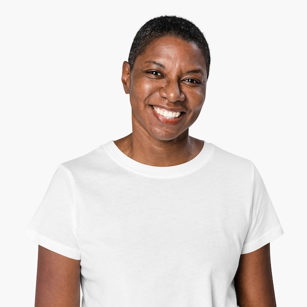 African American woman wearing white t-shirt apparel close-up