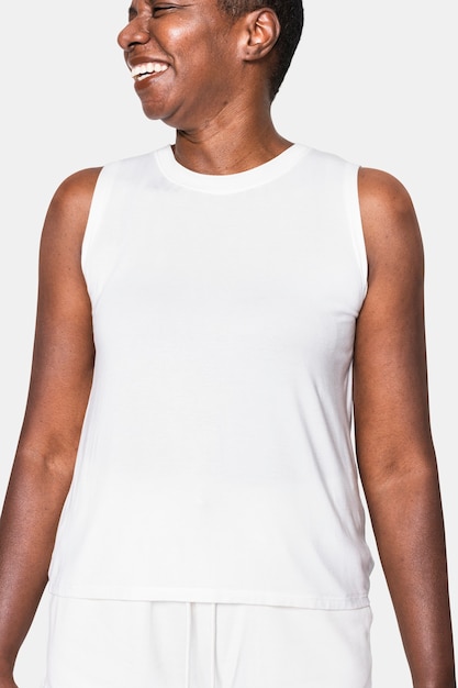 African American woman wearing white tank top