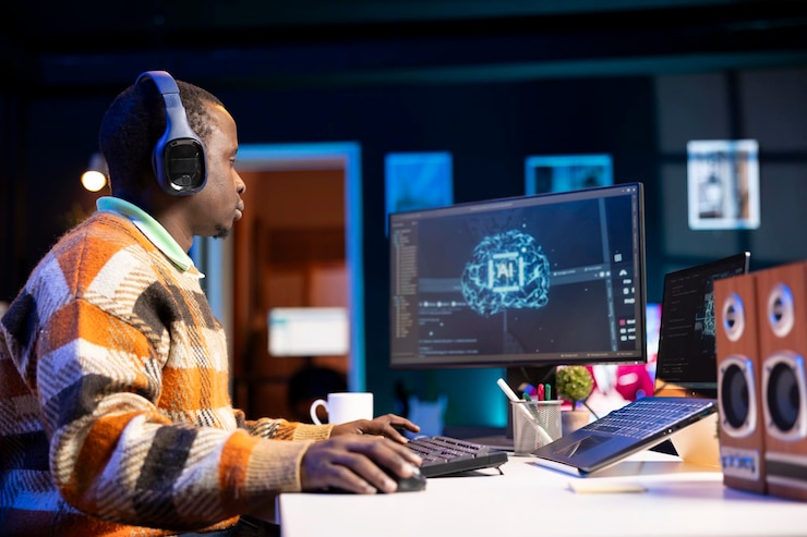Free Photo african american worker at desk using personal computer for programming