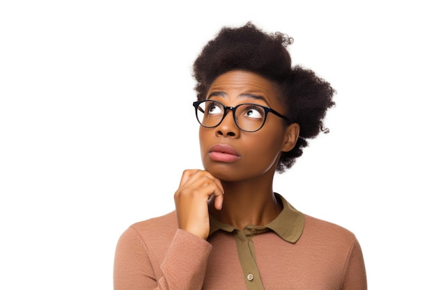 Free photo african american young woman doubtful thinking or choosing concept