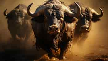 Free photo african buffalo strong and dirty roam the wild savannah generated by artificial intelligence