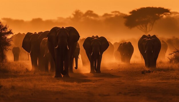 African elephant herd grazing in tranquil savannah generated by AI