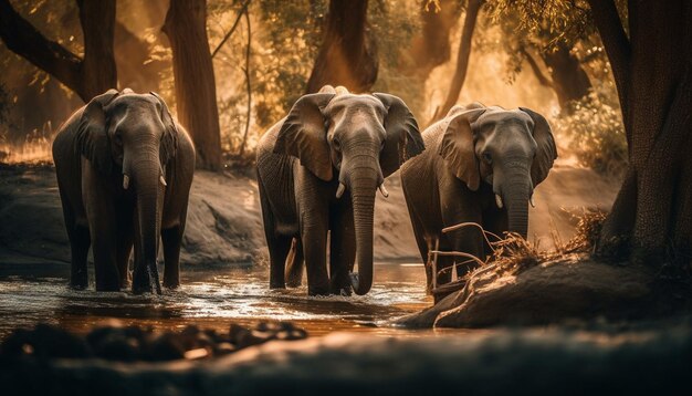 African elephant herd walking at sunset in nature generated by AI