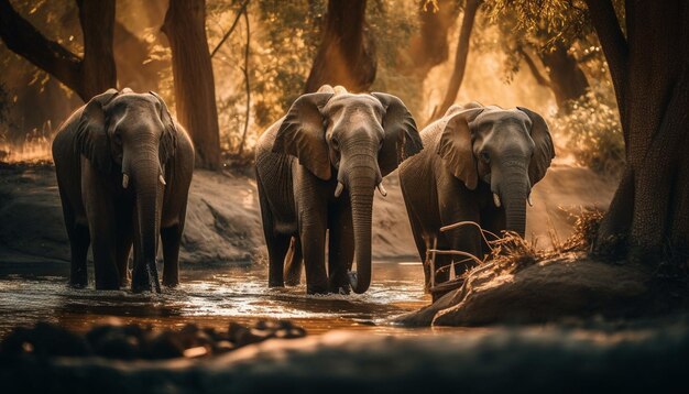 Стадо африканских слонов гуляет на закате на природе, сгенерированное ИИ