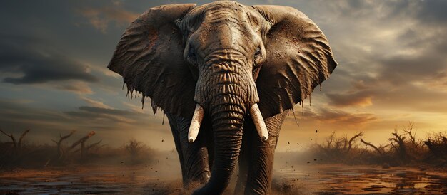 Африканский слон в саванне на закате