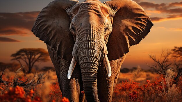 African elephant in the savannah at sunset