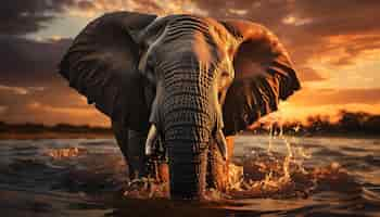 Foto gratuita elefante africano al tramonto, maestoso mammifero in una tranquilla regione selvaggia generata dall'intelligenza artificiale