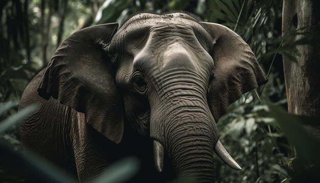 African elephant walking in tropical rainforest a tranquil scene generated by AI