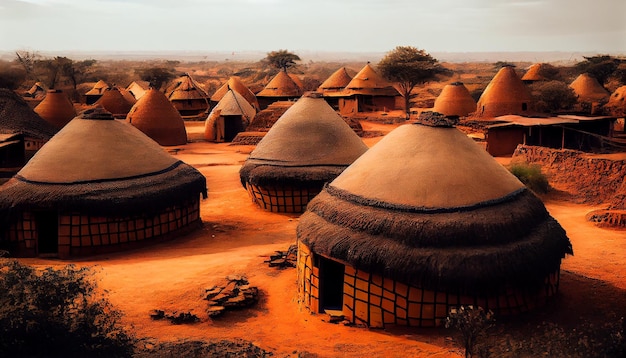 AI가 생성한 모래로 둘러싸인 시골 풍경의 아프리카 오두막
