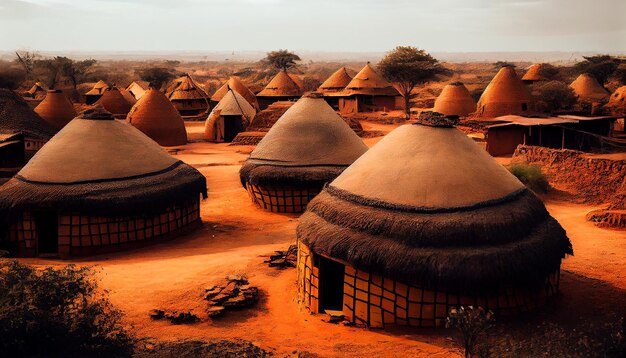 AI가 생성한 모래로 둘러싸인 시골 풍경의 아프리카 오두막