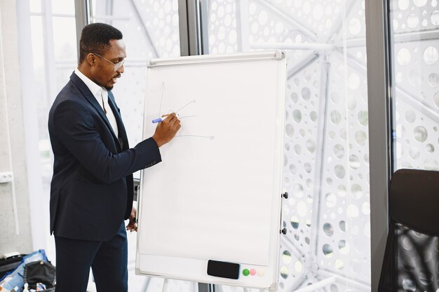 African man in a black suit. Writing board. Guy do presentation.