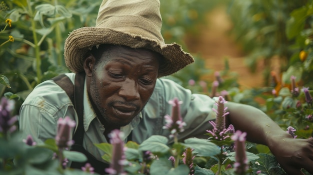 Free photo african man harvesting  vegetables