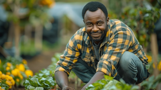 Free photo african man harvesting vegetables