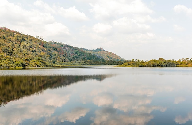 African nature view with trees and lake