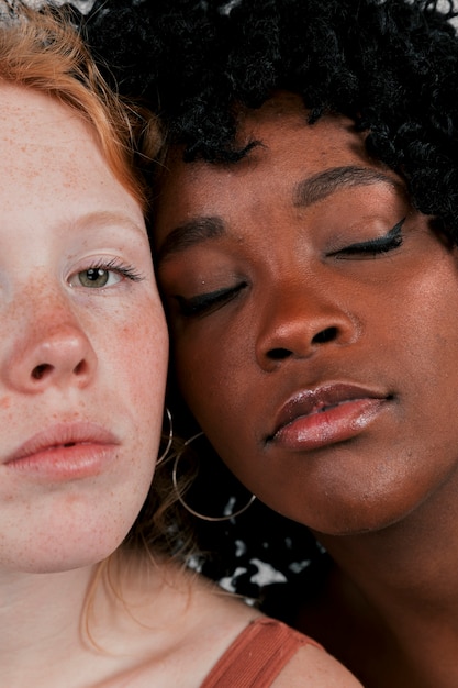 Free photo an african woman face touching the fair skinned female friend