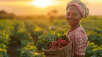 Foto gratuita donna africana che raccoglie verdure