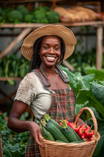 Foto gratuita donna africana che raccoglie verdure