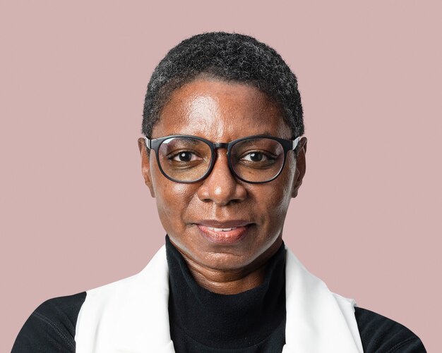 African woman, successful entrepreneur wearing glasses face portrait