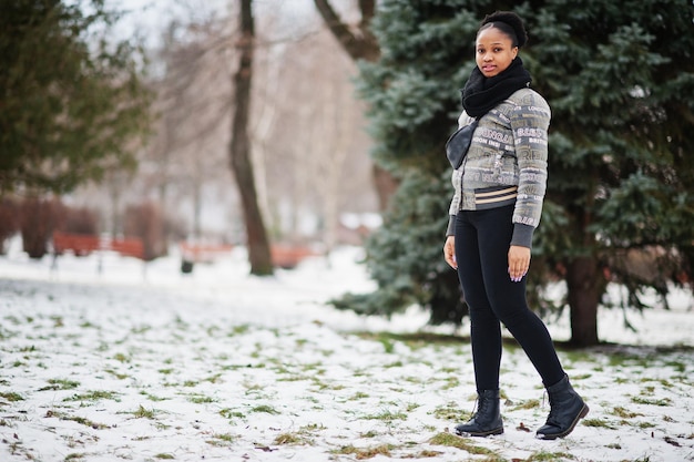 African woman wear in black scarf pose in winter day at Europe