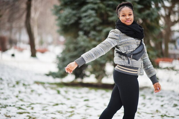 African woman wear in black scarf pose in winter day at Europe