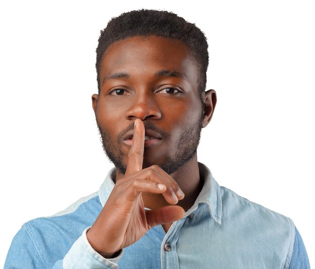 Afro american businessman showing quiet sign isolated on white