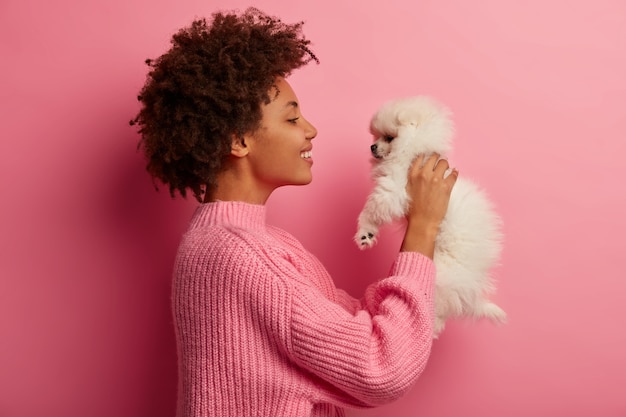 Afro American lady raises small puppy in hands, looks gladfully at miniature pet, wears knitted sweater, play at home, isolated over pink background